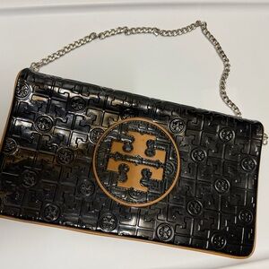 Tory Burch Black and Tan Embossed Clutch
